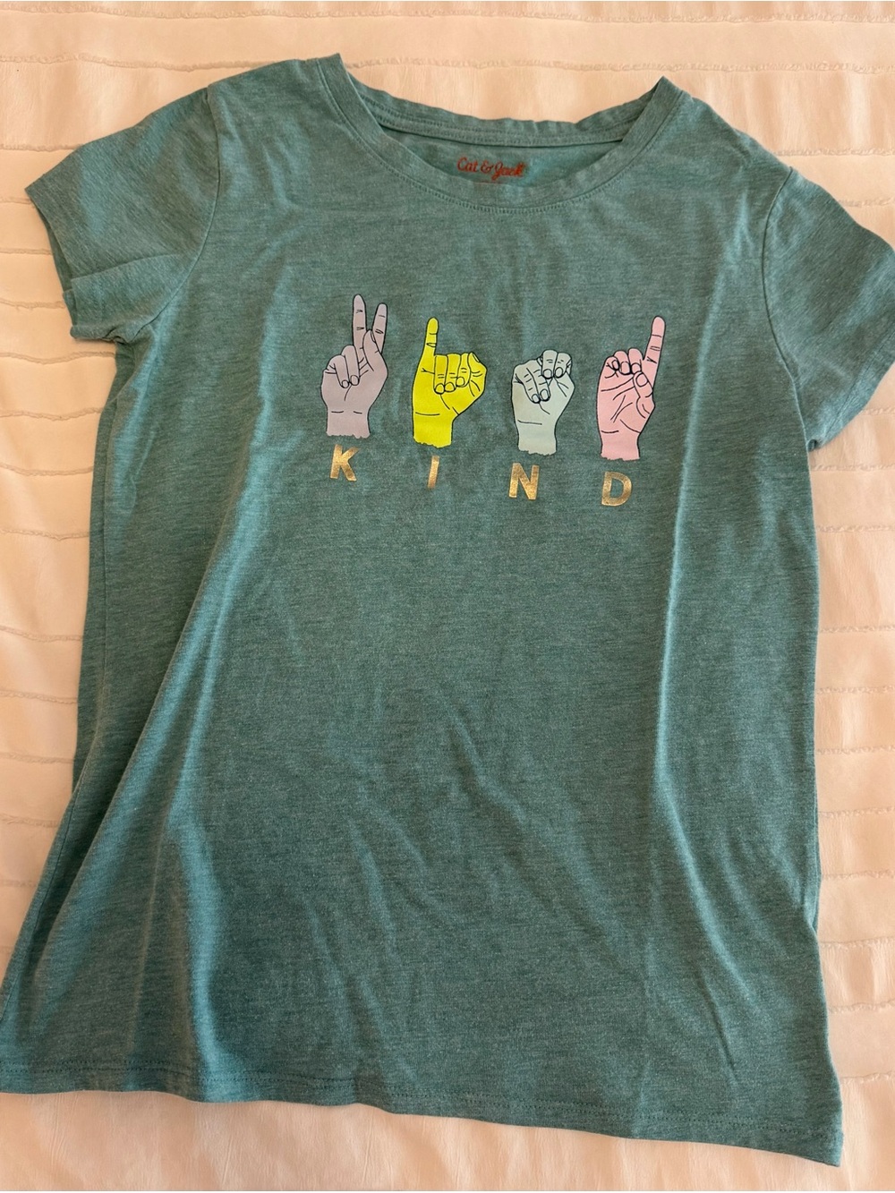 Cat & Jack Teal 'KIND' Fingerspelling/Sign-Language Graphic Tee Large (10/12)